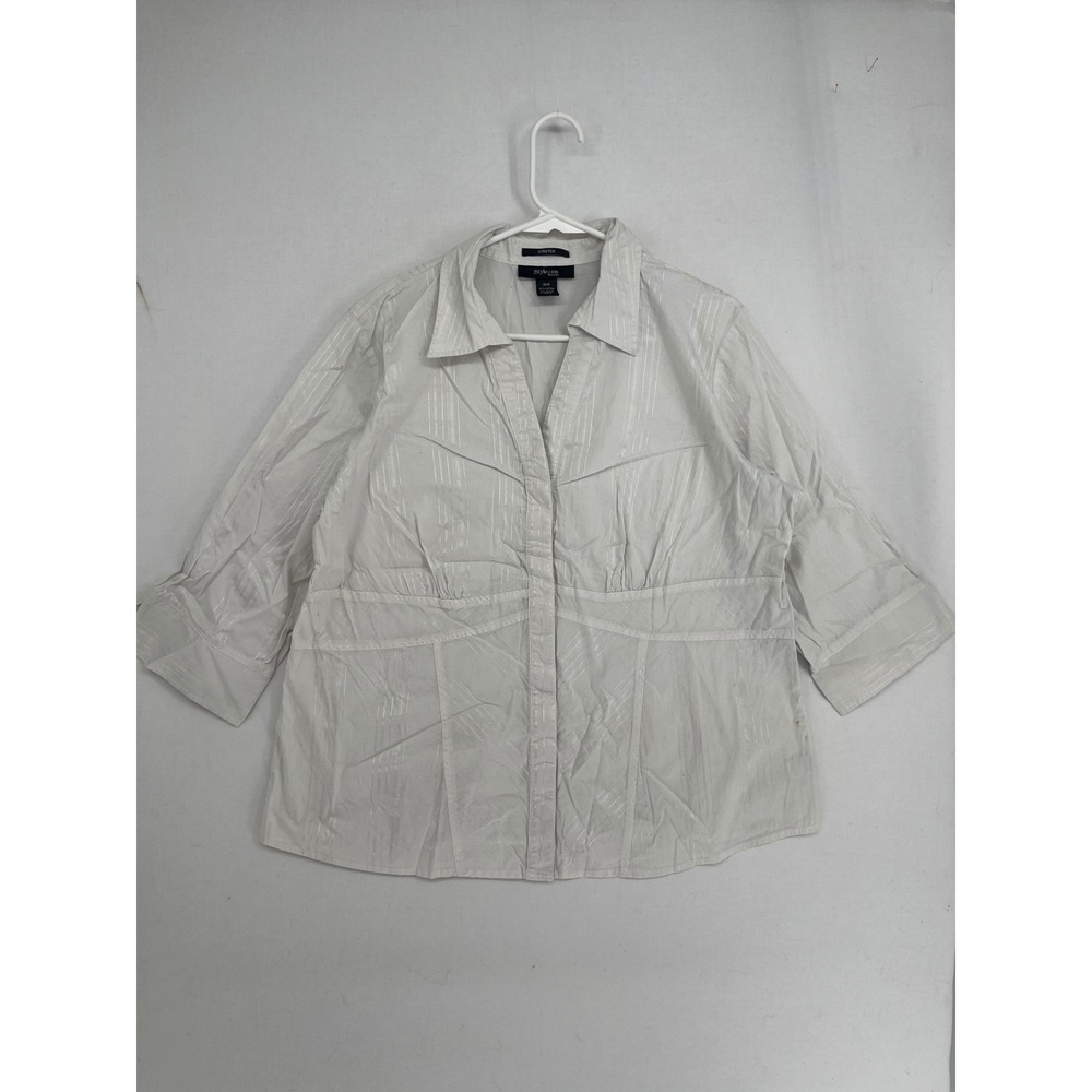 Style & Co Woman White Striped Button Down Shirt 3/4 Sleeve Stretch Size 16W